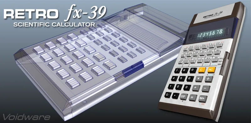 RETRO fx-39 Scientific Calculator, rendered in 3D beside a wireframe view of the same model.