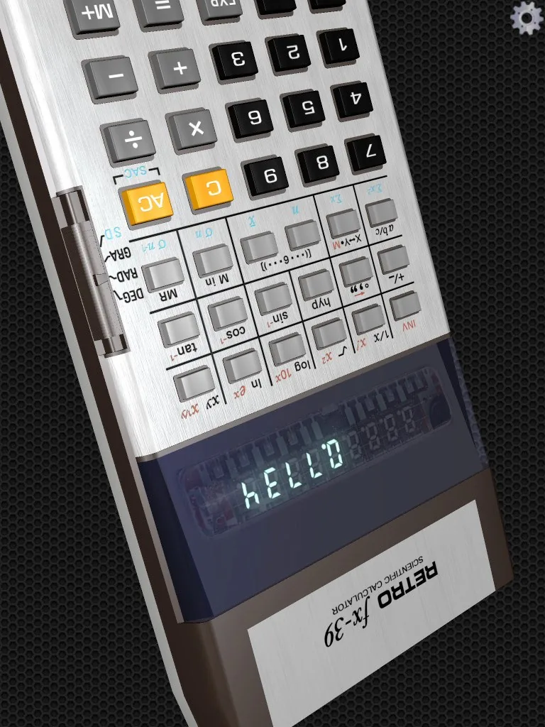 The calculator rotated fully upside-down, the display spelling HELLO in the glowing green segments.